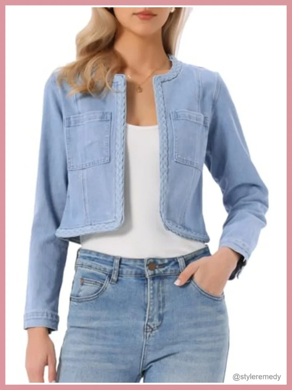 Women's Cropped Denim Jacket Collarless Long Sleeve Open Front Casual Jean